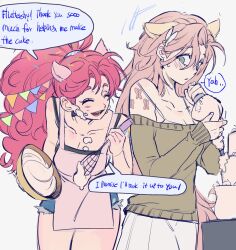 Rule 34 | 2girls, animal ears, animification, apron, bare shoulders, black tank top, blue shorts, blush, bowl, breasts, butterfly hair ornament, butterfly tattoo, cake, cleavage, closed eyes, collarbone, colored skin, confetti, cowboy shot, cream, english text, fingernails, fluttershy, food, food on face, green eyes, green shirt, hair between eyes, hair ornament, hands up, high ponytail, highres, holding, holding bowl, holding pastry bag, holding whisk, horse ears, horse girl, horse tail, humanization, icing, large breasts, long hair, looking at another, medium breasts, memoji 7672, multiple girls, my little pony, my little pony: friendship is magic, off-shoulder shirt, off shoulder, open mouth, pastry bag, pink apron, pink hair, pink skin, pinkie pie, ponytail, shirt, short shorts, shorts, shoulder tattoo, simple background, skirt, smile, speech bubble, standing, string of flags, sweatdrop, table, tail, tank top, tattoo, whisk, white background, white skirt, yellow skin