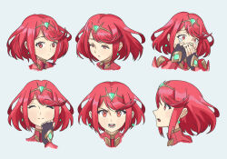 1girl armor black_gloves bob_cut cropped_head derivative_work earrings fingerless_gloves floating_earrings gloves half-closed_eyes itsjarrrd jewelry multiple_expressions open_mouth pyra_(xenoblade) raised_eyebrows red_eyes red_hair short_hair shoulder_armor smile solo swept_bangs tears tiara v-shaped_eyebrows xenoblade_chronicles_(series) xenoblade_chronicles_2