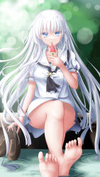 1girl absurdres ascot barefoot black_ascot blue_eyes blunt_ends crossed_ankles feet food full_body highres holding holding_food holding_popsicle holding_shoes legs lens_flare licking loafers long_hair looking_at_viewer naruse_shiroha outdoors popsicle sailor_collar school_uniform serafuku shirt shoes short_sleeves sitting skirt soaking_feet soles solo summer_pockets summer_pockets_school_uniform toes tongue tongue_out ultra258 unworn_shoes very_long_hair water watermelon_bar white_hair white_sailor_collar white_serafuku white_shirt white_skirt