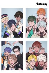 Rule 34 | 6+boys, :3, :d, ^ ^, absurdres, ahoge, aqua eyes, aqua hair, asmodeus (obey me!), barbatos (obey me!), bead necklace, beads, beelzebub (obey me!), belphegor (obey me!), beret, black hair, black jacket, black nails, black shirt, blonde hair, blue background, blue cardigan, blue eyes, blue hair, blue nails, blue shirt, blush, border, brothers, brown hair, cardigan, claw pose, closed eyes, collared shirt, curtained hair, dark-skinned male, dark skin, diavolo (obey me!), double fox shadow puppet, english text, everyone, facing viewer, fake photograph, fang, finger to mouth, fox shadow puppet, glasses, gold trim, green eyes, green hair, green nails, group picture, group pose, hair between eyes, hair over one eye, hat, headphones, headphones around neck, high collar, highres, icchii (07290424), index finger raised, jacket, jewelry, leviathan (obey me!), light blush, light smile, long sleeves, looking ahead, looking at viewer, lucifer (obey me!), luke (obey me!), male focus, mammon (obey me!), mandarin collar, multicolored hair, multicolored jacket, multiple boys, multiple necklaces, nail polish, necklace, necktie, obey me!: one master to rule them all!, off shoulder, official alternate costume, one eye closed, open mouth, orange eyes, orange hair, orange nails, palms together, parted bangs, parted hair, peanut mouth, portrait, puckered lips, raised eyebrows, rectangular eyewear, red eyes, red hair, red nails, red necktie, satan (obey me!), shanghai neckline, shirt, short hair, siblings, simeon (obey me!), single sidelock, sleeveless, sleeveless turtleneck, sleeves past wrists, smile, solomon (obey me!), streaked hair, sweatband, sweater, swept bangs, teeth, turtleneck, two-sided fabric, two-tone shirt, upper body, upper teeth only, v-shaped eyebrows, vest, watch, wavy hair, white border, white hair, white nails, white vest, wristband, wristwatch, yellow eyes, yellow sweater