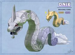 absurdres alternate_color alternate_form aztec black_sclera blue_background character_name cloud colored_sclera dragon english_text fakemon full_body gen_1_pokemon gugenheim98 highres horns monster multiple_views nintendo no_humans onix open_mouth pokemon pokemon_(creature) red_eyes sharp_teeth shiny_pokemon signature single_horn snake teeth tongue tongue_out