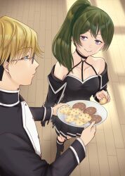 1boy 1girl ai-da-melody black_camisole black_gloves black_jacket black_skirt black_socks blonde_hair camisole closed_mouth collarbone cookie food glasses gloves green_hair holding holding_food holding_plate indoors jacket kneehighs land_(sousou_no_frieren) long_sleeves off_shoulder open_clothes open_jacket parted_lips plate pleated_skirt purple_eyes side_ponytail single_glove skirt smile socks sousou_no_frieren ubel_(sousou_no_frieren) wooden_floor