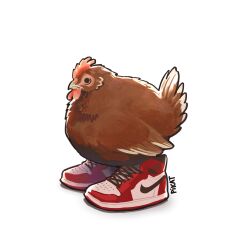 animal_focus artist_name bird chicken highres nike_(company) no_humans original pikat red_shoes shoes simple_background sneakers white_background