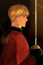 1boy axis_powers_hetalia black_background blonde_hair epaulettes gloves green_eyes high_collar highres holding holding_sword holding_weapon jacket long_sleeves male_focus military military_jacket military_uniform profile red_jacket short_hair solo sword thick_eyebrows united_kingdom_(hetalia) upper_body wanlaijuji132 weapon