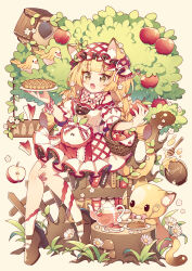 1girl :d animal_ear_fluff animal_ears apple bare_shoulders bird birdhouse blonde_hair blunt_bangs blush book bookshelf bow bowtie brown_eyes brown_shoes cat cat_ears cat_girl cat_tail commentary cup dress fence flower food fork fruit full_body grass high_heels holding holding_food holding_fork holding_fruit holding_knife holding_plate honey honey_dipper honeypot hyou_(pixiv3677917) knife long_hair mary_janes nail_polish off-shoulder_dress off_shoulder open_mouth original pie plaid_bow plate red_bow red_bowtie red_nails red_socks shoes short_sleeves signature sitting smile socks solo tail teacup teapot tree tree_stump two-tone_socks white_dress white_flower white_socks