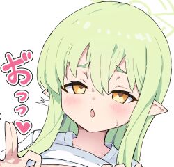 1girl blue_archive clothes_lift collarbone commentary_request cropped green_hair green_halo halo highres hikari_(blue_archive) long_hair open_mouth orange_eyes paid_reward_available pointy_ears rolling_eyes shirt_lift simple_background solo v-shaped_eyebrows white_background yucblossom