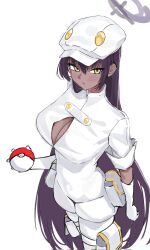 1girl aether_foundation_employee aether_foundation_employee_(cosplay) aether_foundation_uniform blue_archive breasts center_opening cosplay covered_navel dark-skinned_female dark_skin elbow_gloves gangjeong gloves halo hat highres holding holding_poke_ball karin_(blue_archive) large_breasts long_hair nintendo poke_ball poke_ball_(basic) pokemon pokemon_sm puffy_short_sleeves puffy_sleeves purple_halo short_sleeves solo white_gloves white_hat yellow_eyes
