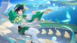 1boy :d aqua_hair architecture beret bird black_hair blue_sky bouquet braid brown_corset bug butterfly cape cecilia_flower_(genshin_impact) cliff cloud collared_cape commentary company_name copyright_name corset crystalfly_(genshin_impact) dandelion_seed day english_commentary feathers floating_hair flock flower frilled_sleeves frills genshin_impact gradient_hair green_cape green_eyes green_hat green_shorts hair_between_eyes hand_up hat hat_flower highres holding holding_bouquet in-universe_location insect lake light_particles long_sleeves looking_at_viewer male_focus medium_hair mountain mountainous_horizon multicolored_hair official_art official_wallpaper open_mouth outdoors pantyhose pom_pom_(clothes) puffy_shorts shirt short_shorts shorts side_braids sitting sky smile solo statue teeth tree twin_braids two-sided_cape two-sided_fabric upper_teeth_only venti_(genshin_impact) vision_(genshin_impact) water white_flower white_pantyhose white_shirt