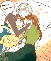 3girls anna_(frozen) bed blonde_hair braid child closed_eyes couple elsa_(frozen) embarrassed english_text family freckles frozen_(disney) hair_up hand_on_another&#039;s_ass hand_on_another&#039;s_head happy hooreng hug if_they_mated incest lying mother_and_daughter multiple_girls one_eye_closed orange_hair ponytail siblings sisters smother speech_bubble thought_bubble yuri