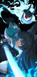 Rule 34 | 1girl, absurdres, animal ears, aqua jacket, black hair, blunt bangs, eyeball, fingerless gloves, fox ears, fox girl, gloves, highres, holding, holding sword, holding weapon, hoshimi miyabi, jacket, katana, long hair, looking at viewer, lrig0, red eyes, single fingerless glove, sword, tailless (zenless zone zero), upper body, weapon, zenless zone zero
