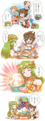 2boys 4koma :d :t @_@ ancient_greek_clothes angel angel_wings arm_up armlet bare_shoulders black_sclera blue_eyes blue_skin blush_stickers bowl bracer brown_hair character_name chibi chibi_inset closed_eyes closed_mouth colored_sclera colored_skin comic cup eating fish_skeleton food_request forehead_jewel gold_armlet greco-roman_clothes green_hair hades_(kid_icarus) heart holding holding_bowl jewelry kid_icarus kid_icarus_uprising laurel_crown leg_up long_hair male_focus mik_(kid_icarus) monoeye monster monster_boy multiple_boys neck_ring nintendo no_nose nopepe open_mouth palutena paw_pad_orbitars_(kid_icarus) pit_(kid_icarus) red_trim sidelocks single_bare_shoulder small_sweatdrop smile speech_bubble spiked_hair spoken_heart standing standing_on_one_leg table translation_request very_long_hair white_wings wings