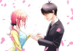 1boy 1girl :d absurdres black_hair black_necktie black_scrunchie black_suit blue_dress blunt_bangs blush breasts cardigan closed_eyes collarbone dress engagement_ring floral_print formal_clothes from_side go-toubun_no_hanayome happy happy_tears highres holding_hands jewelry kurosaki_coco large_breasts long_sleeves marriage_proposal nakano_nino necktie open_cardigan open_clothes open_mouth petals pink_hair putting_on_jewelry raised_eyebrows scrunchie shirt simple_background sleeves_past_wrists smile speech_bubble suit tears twintails uesugi_fuutarou white_background white_shirt yellow_cardigan