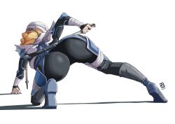 1girl ass automatic_giraffe blonde_hair bodysuit braid braided_ponytail finger_wrap from_behind highres kneeling ninja nintendo scabbard sheath sheik skin_tight sword the_legend_of_zelda the_legend_of_zelda:_twilight_princess weapon