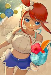 Rule 34 | 1girl, absurdres, bare shoulders, beach, blue eyes, blue shorts, crop top, cup, drinking glass, gen 2 pokemon, highres, holding, holding cup, jumpluff, looking at viewer, midriff, navel, nintendo, official alternate costume, open mouth, pokemon, pokemon masters ex, red hair, short hair with long locks, shorts, sidelocks, skyla (pokemon), skyla (summer 2025) (pokemon), star dr0p