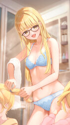 3girls absurdres alternate_hairstyle blonde_hair blue_bra blue_panties blurry blurry_background bra breasts cleavage commentary_request cowboy_shot fang fujinomiya_rio fujita_kotone gakuen_idolmaster glasses hair_down highres holding_another&#039;s_hair idolmaster indoors long_hair looking_at_viewer multiple_girls navel open_mouth panties skin_fang small_breasts solo_focus towel towel_on_arm tying_another&#039;s_hair underwater underwear yellow_eyes
