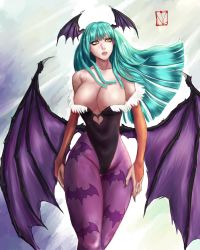 1girl absurdres animal_print bare_shoulders bat_print black_leotard breasts bridal_gauntlets capcom cleavage clothing_cutout collarbone demon_girl green_hair head_wings heart_cutout highres large_breasts leotard long_hair morrigan_aensland pantyhose solo darkstalkers wing wings yellow_eyes