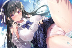 1girl black_hair blue_bow blue_skirt blush bow breasts cameltoe center_frills clothes_lift clothing_cutout commentary_request frills hairband large_breasts leg_up lifting_own_clothes long_hair ocean original panties parted_lips plaid_clothes plaid_skirt purple_eyes shirt shoulder_cutout skirt skirt_lift suzui_narumi underwear water wet wet_clothes wet_panties wet_shirt