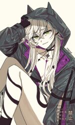 breasts earrings fate/grand_order fate_(series) green_eyes highres hood jewelry light_smile lilith_(fate) lilith_(first_ascension)_(fate) looking_at_viewer signature small_breasts solo tattoo thighs twintails watermark white_hair yuuzuki230