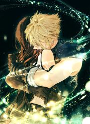 1boy 1girl armor bare_shoulders black_background black_gloves black_hair black_skirt blonde_hair brown_hair closed_eyes cloud_strife commentary couple crop_top earrings elbow_gloves english_commentary final_fantasy final_fantasy_vii final_fantasy_vii_rebirth final_fantasy_vii_remake gloves highres hug jewelry lifestream light_particles long_hair maiii_(smaii_i) short_hair shoulder_armor skirt sleeveless sleeveless_turtleneck spiked_hair stud_earrings sweater tank_top tifa_lockhart turtleneck turtleneck_sweater upper_body white_tank_top