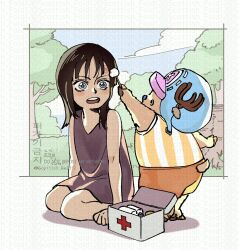 1boy 1girl aged_down antlers black_hair blood blood_on_face blue_eyes blue_hood blue_sky child cloud dress horns korean_commentary medium_hair nico_robin one_piece open_mouth orange_shorts outdoors purple_dress reindeer_antlers scottish_fold12 seiza shirt shorts sitting sky sleeveless striped_clothes striped_shirt teeth tony_tony_chopper twitter_username upper_teeth_only vertical-striped_clothes vertical-striped_shirt