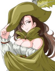 1girl aira_(dq7) breasts brown_eyes brown_hair cape cleavage closed_mouth dragon_quest dragon_quest_vii dress hat large_breasts long_hair looking_at_viewer medium_breasts simple_background smile solo white_background