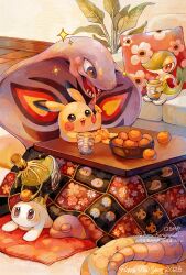 arbok chinese_zodiac commentary couch creatures_(company) ekans fish food fruit game_freak gen_1_pokemon gen_5_pokemon happy_new_year haru_harugaya2 highres indoors mandarin_orange new_year nintendo no_humans on_couch pikachu pillow pokemon pokemon_(creature) sharp_teeth sinistcha sitting snake snivy sparkle sweat symbol-only_commentary table tail tatsugiri teeth year_of_the_snake