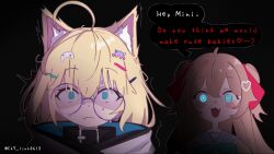 2girls ahoge animal_collar animal_ear_fluff animal_ears black_background black_collar blonde_hair blue_eyes blue_sailor_collar blush brown_hair cardigan cat_ears cat_girl chadntartist closed_mouth collar commentary controller_hair_ornament english_commentary english_text fang glasses glowing glowing_eyes hair_between_eyes hair_ornament heart heart_hair_ornament highres huge_ahoge indie_virtual_youtuber jacket long_hair minikomew multiple_girls neuro-sama open_mouth round_eyewear sailor_collar scared sidelighting skin_fang straight-on trembling twitter_username two_side_up upper_body vedal_ai virtual_youtuber white_jacket yellow_cardigan