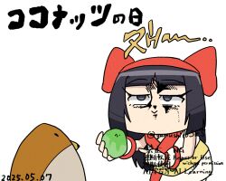 Rule 34 | 1girl, ainu clothes, artist name, black hair, chibi, dated, fingerless gloves, food, fruit, gloves, grey eyes, hair ribbon, japanese text, leaning forward, long hair, mamahaha, nakoruru, ribbon, samurai spirits, smile, snk, the king of fighters, translation request