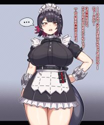 Rule 34 | 1girl, absurdres, black hair, breasts, colored inner hair, ellen joe, fins, fish tail, frilled wristband, hair ornament, herutsuheimuu, highres, large breasts, looking at viewer, maid headdress, metal hairband, mole, mole under eye, multicolored hair, red eyes, red hair, shark girl, shark tail, short hair, solo, spiked headband, tail, two-tone hair, v-shaped eyebrows, zenless zone zero