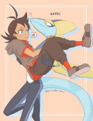 !? 1boy 1other antenna_hair aqua_eyes artist_name black_pants black_skin blue_skin blush border bright_pupils brown_hair carrying closed_mouth colored_skin drop_shadow eye_contact fins full_body furry gen_8_pokemon goh_(pokemon) grey_footwear grey_shirt hair_ornament hairclip half-closed_eyes hands_on_own_knees hands_up head_fins highres hood hood_down hooded_shirt inteleon knees_together_feet_apart leg_up lemonade_kokoi light_blush lizard_tail looking_at_another multicolored_skin nervous nintendo orange_background outside_border pants pokemon pokemon_(anime) pokemon_(creature) pokemon_journeys princess_carry puff_of_air red_socks red_trim romaji_text shirt shoes short_hair short_sleeves signature simple_background socks speech_bubble spoken_interrobang standing standing_on_one_leg surprised sweat tail translation_request twitter_username white_border white_pupils white_skin wide-eyed yellow_eyes