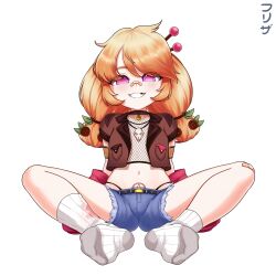 1girl bandaid bandaid_on_face bandaid_on_knee bandaid_on_leg bandaid_on_nose belt black_belt black_panties blonde_hair blue_shorts brown_vest button_hair_ornament commentary cropped_vest denim denim_shorts efreezerarts english_commentary feet fishnet_top fishnets freckles full_body grin highres immy_bisou jacket jewelry long_hair looking_at_viewer nail_(hardware) navel necklace no_shoes open_clothes open_mouth open_vest panties panty_straps pentagram_tattoo pink_jacket pink_pupils pubic_tattoo purple_eyes short_sleeves shorts simple_background sitting skull_necklace smile socks solo spread_legs symbol-shaped_pupils tattoo teeth tooth_gap twintails underwear vallure vest virtual_youtuber white_background white_socks x-shaped_pupils