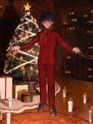 1boy absurdres black_shoes blood blue_hair bow bowtie box buttons candle christmas christmas_ornaments christmas_tree closed_eyes disembodied_hand double-breasted floor formal_clothes gift gift_box glowing glowing_eyes highres indoors jacket magic_circle male_focus original pants red_bow red_bowtie red_jacket red_pants red_suit riroi_(rntr_ll) shadow shoes short_hair solo standing star_(symbol) suit yellow_eyes
