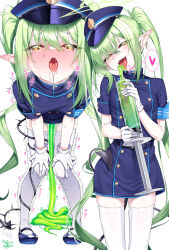 1girl absurdres blue_archive blue_dress blue_hat blush breasts buttons demon_tail double-breasted dress gloves green_hair hat highres loli long_hair looking_at_viewer multiple_views nozomi_(blue_archive) open_mouth scat short_sleeves sidelocks slime_(substance) small_breasts syringe tail thighhighs twintails very_long_hair watosu white_gloves white_thighhighs yellow_eyes