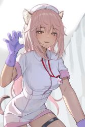 18_yen_coin 1girl animal_ear_fluff animal_ears blush breasts collared_uniform curtains dress from_below gao gloves gravel_(arknights) hat latex latex_gloves long_hair looking_at_viewer mouse_ears mouse_girl name_tag nurse nurse_cap open_mouth orange_eyes pink_hair purple_gloves smile solo_focus tag tail thigh_strap white_dress