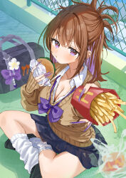 1girl :t absurdres bag black_shoes bow bowtie breasts brown_cardigan brown_hair burger cardigan chain-link_fence cleavage collared_shirt crossed_legs fence food french_fries gyaru highres holding holding_burger holding_food incoming_food long_hair loose_bowtie misekiss multicolored_hair on_floor original outdoors plastic_bag pleated_skirt pout purple_bow purple_bowtie purple_eyes rooftop school_bag shirt shoes sitting skirt socks solo streaked_hair white_shirt white_socks