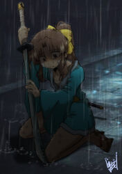 1girl absurdres alternate_hairstyle bandaid bandaid_on_cheek bandaid_on_face blue_kimono blurry blurry_background bow brown_eyes brown_hair bruise collarbone ed-chan_(edkuroki) edkuroki gauze gauze_on_cheek hair_bow highres holding holding_sword holding_weapon injury japanese_clothes jpeg_artifacts katana kimono long_hair looking_down original outdoors ponytail rain samurai sandals sarashi shaded_face sidelocks signature sitting sword wariza weapon wide_sleeves yellow_bow