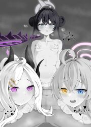 1boy 3girls absurdres ahoge bikini black_hair blue_archive blue_eyes blush breasts collarbone demon_horns double_bun girl_on_top grey_eyes grey_halo groin hair_between_eyes hair_bun hair_ornament hairclip halo heterochromia highres hina_(blue_archive) horns hoshino_(blue_archive) imminent_penetration kisaki_(blue_archive) loli loli_harem looking_at_viewer micro_bikini multiple_girls navel open_mouth partially_visible_vulva pink_halo pov purple_eyes purple_halo small_breasts stomach swimsuit thighs twintails white_bikini white_hair yellow_eyes