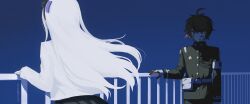 1boy 1girl absurdres ahoge armband black_hairband black_skirt black_streaks blood blood_on_clothes blood_on_face blood_on_gloves blue_background blue_eyes dated fence gakuran gloves hai_(haihki) hairband highres jacket kashimiya_karua last_defense_academy_school_uniform long_hair multicolored_hair red_hair school_uniform shadow short_hair skirt streaked_hair sumino_takumi the_hundred_line_-last_defense_academy- twitter_username white_armband white_gloves white_jacket wind