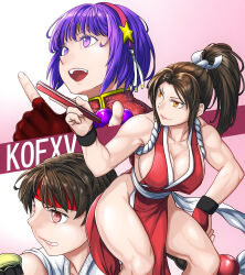 3girls asamiya_athena breasts curvy dougi dress female_focus gloves hair_ornament hairband huge_breasts japanese_clothes karate_gi large_breasts leather multiple_girls open_mouth pale_skin ponytail purple_eyes purple_hair shiranui_mai short_hair smile star_(symbol) the_king_of_fighters thick_thighs thighs vvv_slider wide_hips yuri_sakazaki