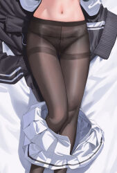 Rule 34 | 1girl, bed sheet, black jacket, black panties, black pantyhose, blue archive, bow, bow panties, clothes lift, clothes pull, commentary, cropped, feet out of frame, highres, jacket, kazusa (blue archive), leg focus, long sleeves, lower body, lying, miniskirt, navel, on back, on bed, panties, panties under pantyhose, pantyhose, parsley-f, pleated skirt, shirt, shirt lift, skirt, skirt around ankles, skirt pull, solo, stomach, symbol-only commentary, thigh focus, thighband pantyhose, thighs, track jacket, underwear, unworn jacket, white shirt, white skirt