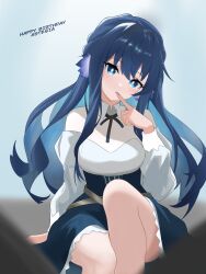 1girl absurdres arknights astesia_(arknights) black_skirt blue_eyes blue_hair blurry blurry_foreground bright_pupils character_name commentary diamond-shaped_pupils diamond_(shape) english_commentary finger_to_mouth happy_birthday highres knee_up llewellyn_blue long_hair long_sleeves looking_at_viewer shirt sitting skirt solo symbol-shaped_pupils white_pupils white_shirt