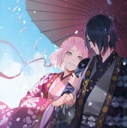1boy 1girl absurdres arm_hug black_eyes black_hair boruto:_naruto_next_generations cherry_blossoms cloud couple earrings eye_contact flower green_eyes hair_ornament haori haruno_sakura headband highres holding holding_umbrella japanese_clothes jewelry kimono light_smile looking_at_another naruto_(series) obi oil-paper_umbrella pink_hair ring sash shiino_9 short_hair simple_background sky smile uchiha_sasuke uchiha_symbol umbrella upper_body