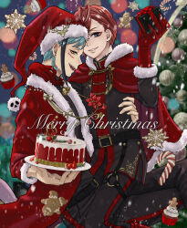 2boys blue_hair box cake christmas christmas_tree coat commentary_request english_text floyd_leech food fur-trimmed_gloves fur_trim gift gift_box gingerbread_man gloves grey_eyes hat highres holding holding_gift looking_at_viewer male_focus merry_christmas multiple_boys red_coat red_gloves red_hair santa_costume santa_hat sharp_teeth short_hair sitting sitting_on_lap sitting_on_person snowing teeth theodore_riddle twisted_wonderland ukichan12011 yellow_eyes