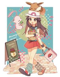 1girl bag blue_shirt blush breasts brown_eyes brown_hair bucket_hat eevee gen_1_pokemon hat highres holding holding_bag leaf_(pokemon) legendary_pokemon long_hair looking_at_viewer loose_socks mew_(pokemon) mythical_pokemon nintendo open_mouth poke_ball pokemon pokemon_(creature) pokemon_frlg porkpie_hat red_skirt shirt skirt sleeveless sleeveless_shirt smile socks sumeragi1101 white_hat wristband yellow_bag