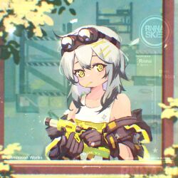 Rule 34 | 1girl, absurdres, artist name, bare shoulders, black gloves, black jacket, bright pupils, commentary, commission, commissioner name, croque (neural cloud), english commentary, food, food in mouth, girls&#039; frontline, girls&#039; frontline neural cloud, gloves, goggles, goggles on head, gradient hair, gun, hair ornament, hairpin, highres, holding, holding gun, holding weapon, jacket, looking at viewer, multicolored hair, off shoulder, pocky, pocky in mouth, rnna, shirt, sleeveless, sleeveless shirt, solo, through window, upper body, weapon, weapon request, white hair, white shirt, x hair ornament, yellow eyes