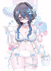 bare_shoulders belt black_eyes black_hair blue_bow blue_hair bow breasts cleavage glasses hair_between_eyes hair_ornament hairclip highres large_breasts long_sleeves multicolored_hair original ribbon shishamosama short_hair shorts solo streaked_hair thick_thighs thighhighs thighs underware white_thighhighs wide_hips x_hair_ornament y2k_fashion