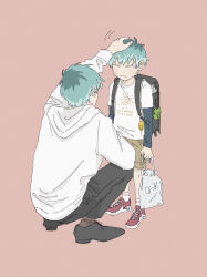 2boys ^3^ absurdres aqua_hair backpack bag black_bag black_pants black_shoes brown_shorts brown_socks child crime_prevention_buzzer drawstring drawstring_bag dual_persona elbow_on_knee facing_another frog_charm from_behind full_body headpat highres holding holding_bag hood hoodie hypnosis_mic layered_sleeves light_blush loafers long_sleeves male_focus motion_lines multicolored_hair multiple_boys nurude_sasara pants pink_background print_shirt randoseru red_shoes shirt shoes short_hair shorts simple_background sneakers socks squatting standing t-shirt time_paradox tube_socks user_pusn4344 white_hoodie white_shirt wispy_bangs
