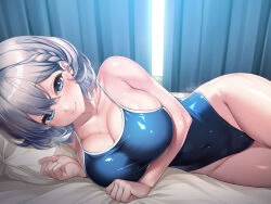 1girl blue_eyes blue_one-piece_swimsuit braid breasts cleavage commentary_request competition_swimsuit courreges_accel covered_navel cowboy_shot curtains grey_hair highres large_breasts lying on_side one-piece_swimsuit original pillow short_hair side_braid smile solo swimsuit