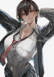 1girl absurdres black_hair black_jacket black_skirt breasts cleavage closed_mouth collarbone collared_shirt commentary_request cowboy_shot eyelashes grey_eyes hair_between_eyes hand_in_own_hair hand_on_own_shoulder hands_up highres jacket large_breasts lips long_hair looking_at_viewer midriff_peek navel necktie open_clothes open_jacket original partially_unbuttoned pleated_skirt red_necktie school_uniform shirt simple_background skirt soleil_(soleilmtfbwy03) solo sweat wet wet_hair white_background white_shirt