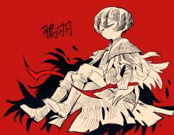 Rule 34 | 1boy, blood, blood on face, boots, cape, closed eyes, cosplay request, feathers, floating, gloves, greyscale, greyscale with colored background, highres, holding, holding weapon, knee boots, knees up, limbus company, long sleeves, male focus, monochrome, pants, project moon, red background, simple background, sinclair (project moon), solo, surumenabe, weapon